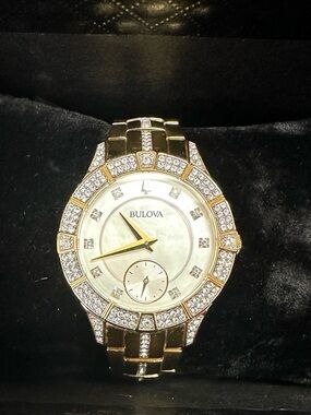 Bulova Women's Gold Tone Crystal Watch with Mother-of-Pearl Dial